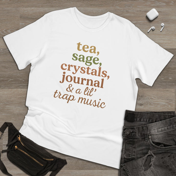 Unisex Deluxe T-Shirt: Tea, Sage, Crystals & Trap Music Vibe, Cozy Yet Trendy Apparel for Spiritual Seekers, Gift for Meditation [...]