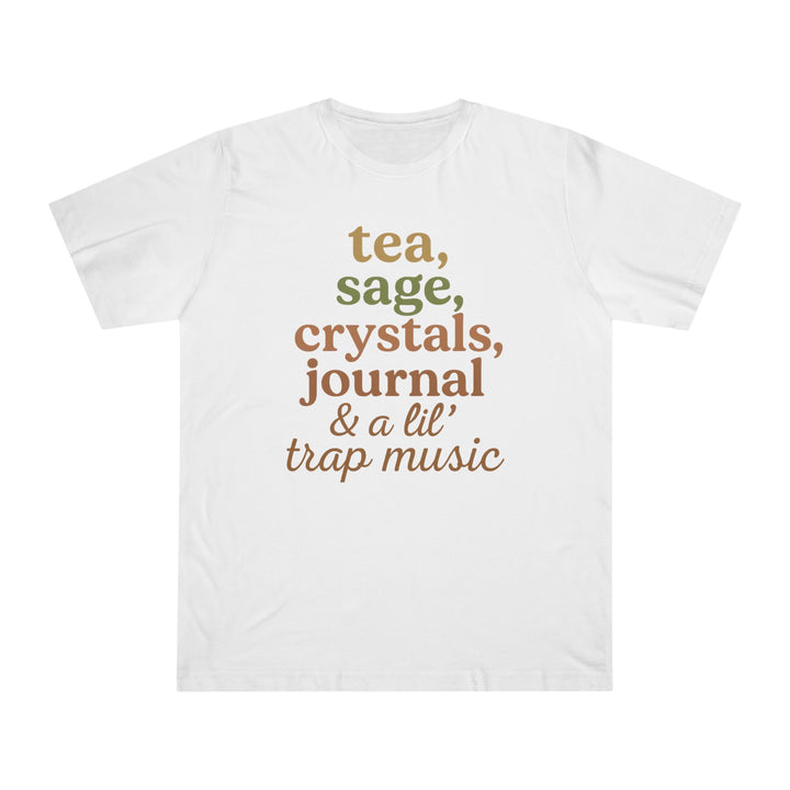 Unisex Deluxe T-Shirt: Tea, Sage, Crystals & Trap Music Vibe, Cozy Yet Trendy Apparel for Spiritual Seekers, Gift for Meditation [...]